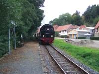 Lok 99 6001 mit Zug N 8964 erreicht den Haltepunkt Straßberg-Glasebach, von wo aus die Teilnehmer an der „Fahrt ins Blaue“ die Rückfahrt 