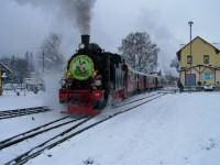 Dampflok "Fiffi" kommt am Ostersonntag mit den geschmckten Wagen zum Bahnsteig des Bf's Gernrode gefahren.