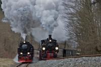 Lok 99 7243 mit Sonderzug zum Brocken und Lok 99 5901 mit Zug nach Harzgerode bei der „Doppelausfahrt“ aus dem Bahnhof Alexisbad (1)