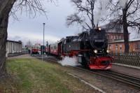 Der Sonderzug mit Lok 99 7239 wird am Bahnsteig des Bahnhofs Gernrode bereitgestellt.